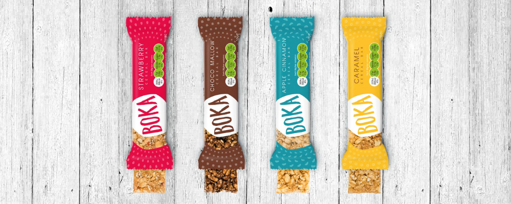An example of colour in packaging on Boka Bars designed by Bopgun.